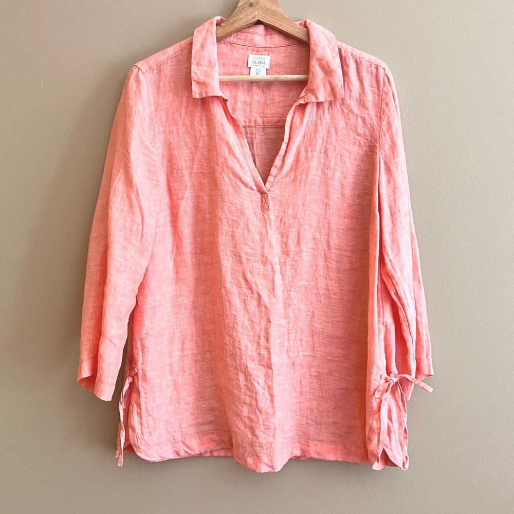 Sigrid Olsen Women Coral Orange 100% Linen V-Neck Tunic Top Vacation Pool Size S